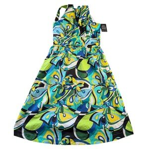 Boston Proper Halter Midi Dress Womens 14 Green Blue Abstract Floral Summer NWT
